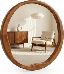 30″ Walnut Round Wall Mirror,Large Solid Wood Wavy Frame, Mid-Century for Living