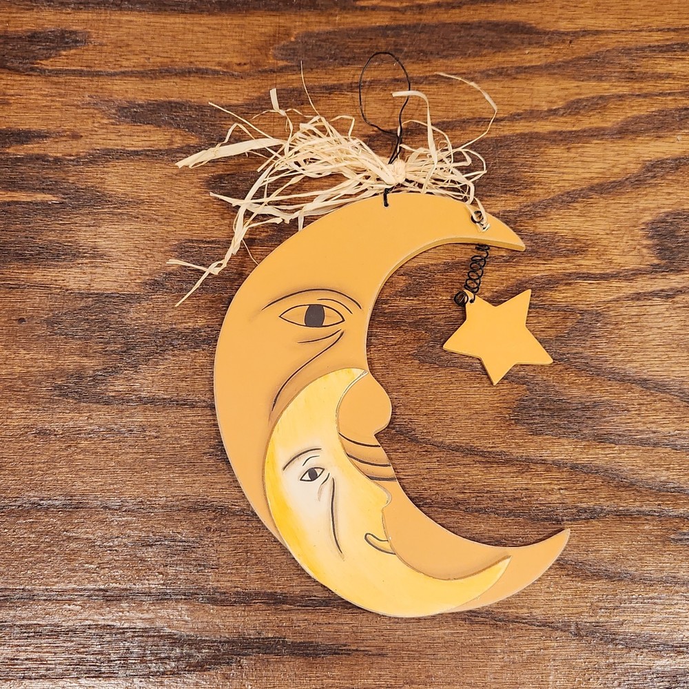 Crescent Moon Face & Star Yellow Light Wooden Hanging Wall Decor Celestial Space