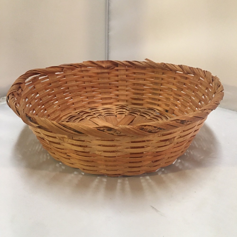 Woven Bamboo Basket Home Decor 9in Brown Round Farmhouse Style Cottagecore