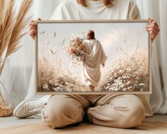 Jesus Walking in Wildflower Field Canvas – Christian Wall Art – Faith Gift