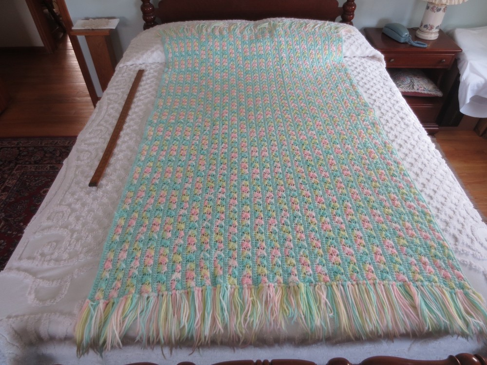 Vintage Crocheted PASTEL Fringed SOFT ACRYLIC Twin or Crib AFGHAN – 40″ x 72″