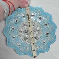 Rare Handmade Turkish Silver Teal Blue Glass Decorative Plate Bowl 9″