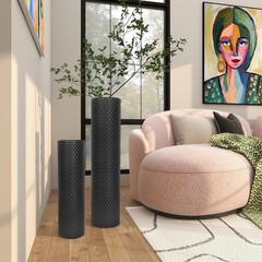 Set of 2 Black Cylinder Floor Standing Vases Large 27/21in Tall Metal Decorat…