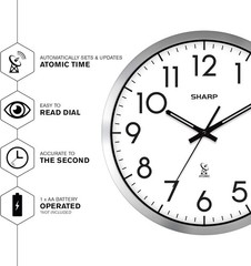 12 Inch Atomic Analog Wall Clock Silver Brushed Finish Auto Set Battery Operated