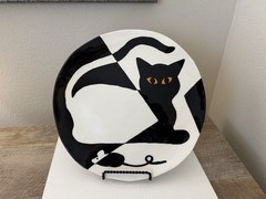 Studio Pottery Cat & Mouse Decorative Plate Black White 11.5” Artist Signed