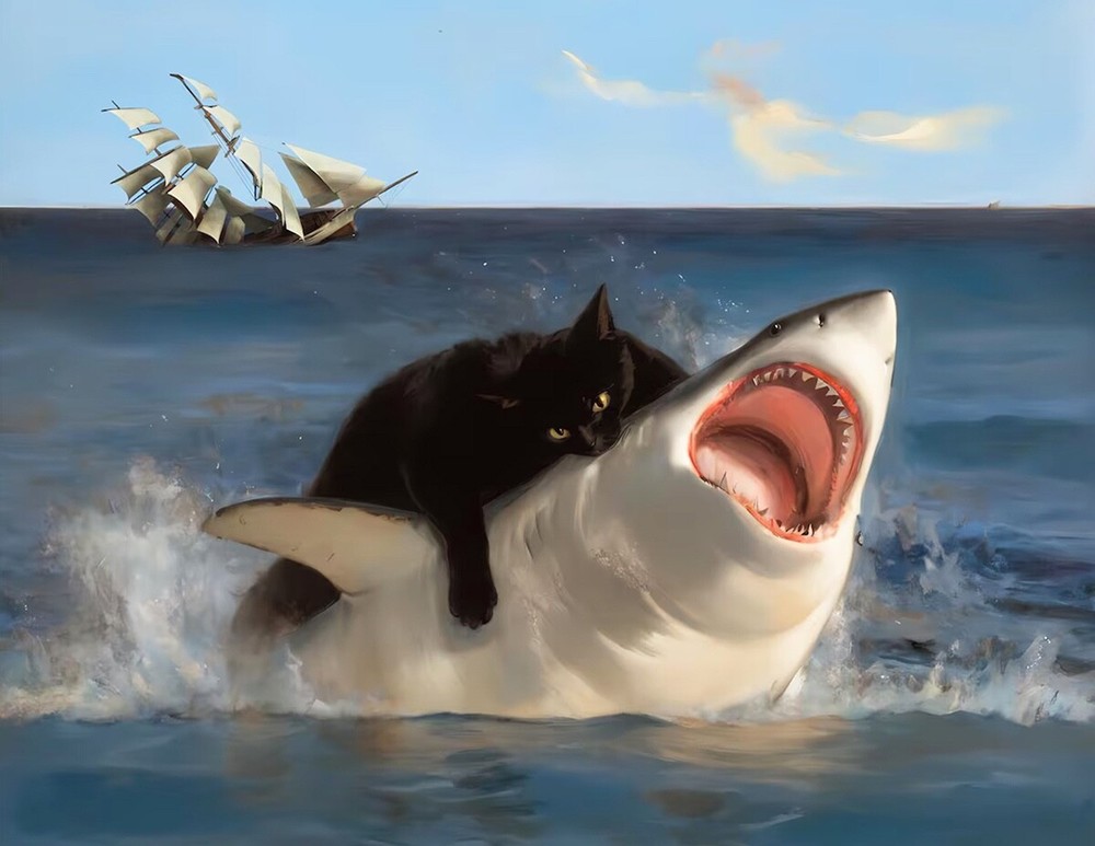 Cat Biting Shark Funny Cat And Shark Humor POSTER 13×19