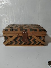 Vintage Woven Wood Picnic Basket With 2 Swinging Handles Leather Hindges And…