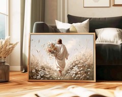 Jesus Walking in Wildflower Field Canvas – Christian Wall Art – Faith Gift