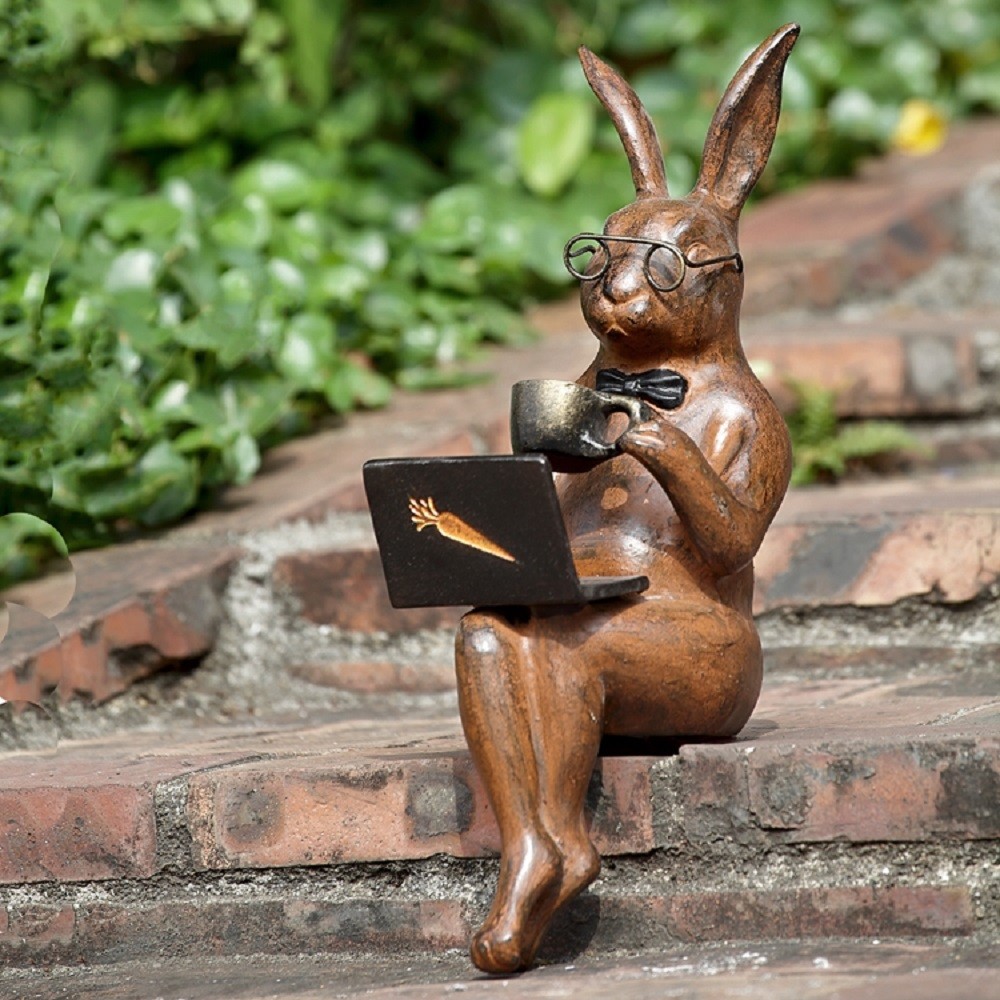 Rabbit Coffee Break Bunny Ledge Sitter Garden Sculpture Apple Carrot Laptop