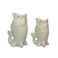 White Fish Decorative Vases Set of 2 Ceramic Coastal Tabletop 8.5in and 7in
