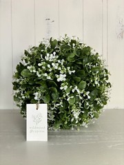 W&C Artificial Boxwood Topiary Ball With White Blooms -The Lane, 21 in, UV Rated