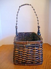 VINTAGE BAMBOO OBLONG BASKET w/METAL SCROLL HANDLE ~ 12 1/2 L x 8 W x 6 H ~ VGUC