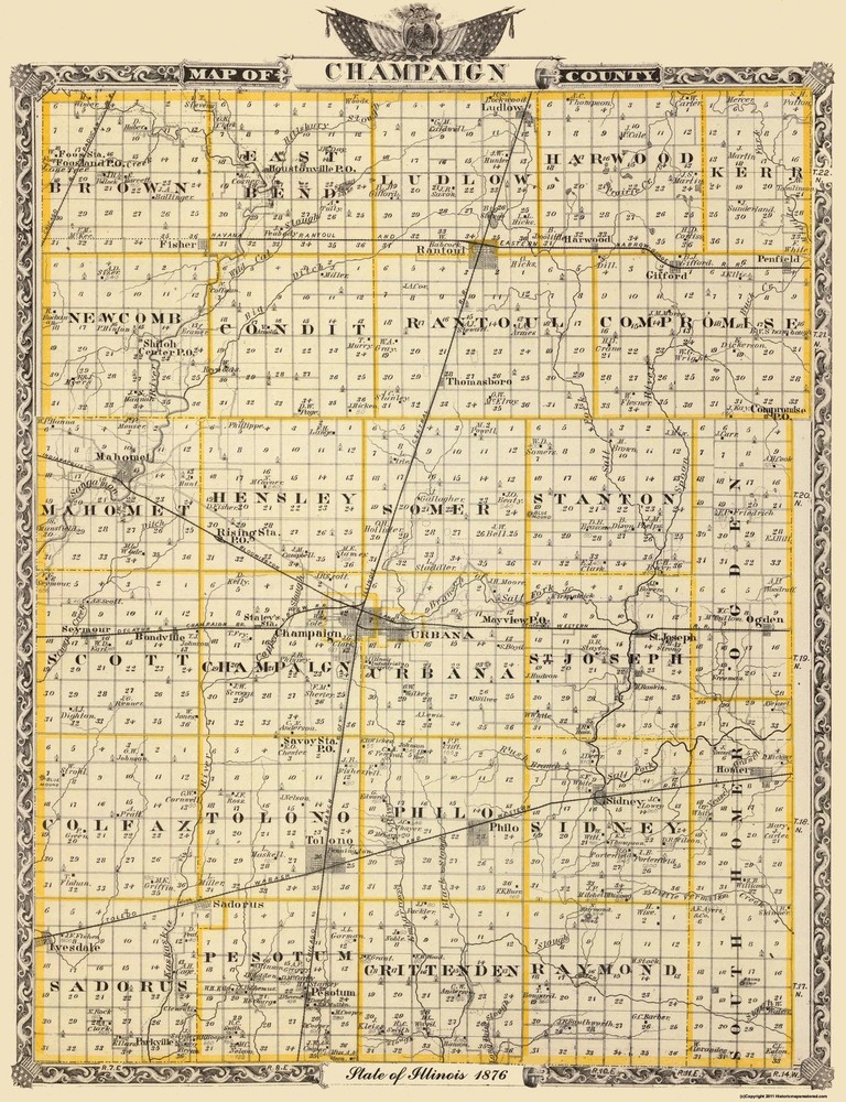 Historic County Map – Champaign County Illinois – Warner 1876 – Vintage Wall Art