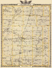 Historic County Map – Champaign County Illinois – Warner 1876 – Vintage Wall Art