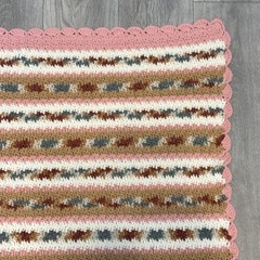 Vtg Hand Crochet Blanket Afghan Throw Pink Gray Brown Multicolor 59”x49”Signed