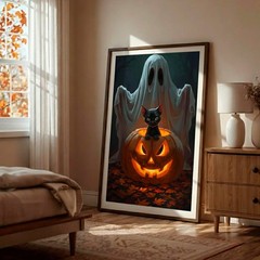 Black Cat and Pumpkin Ghost – Halloween Digital Wall Art | (DIGITAL DOWNLOAD)