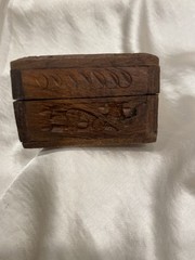 Carved Wood Trinket Box Brass Inlay Hinged Lid Floral Rectangular Brown