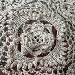 Vintage Crocheted Large Tablecloth Blanket Afghan Throw Beige Ivory 9x7ft Tassel