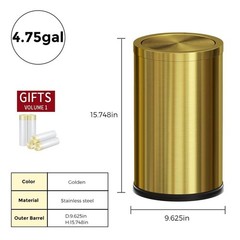18L/4.7GAL Gold Bathroom Trash Can with Lid,Brass Garbage Can with Flipping L…