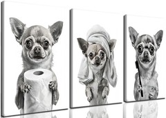 3 Pcs Funny Chihuahua Bathroom Canvas Wall Art Black and White Dog Poster Pri…