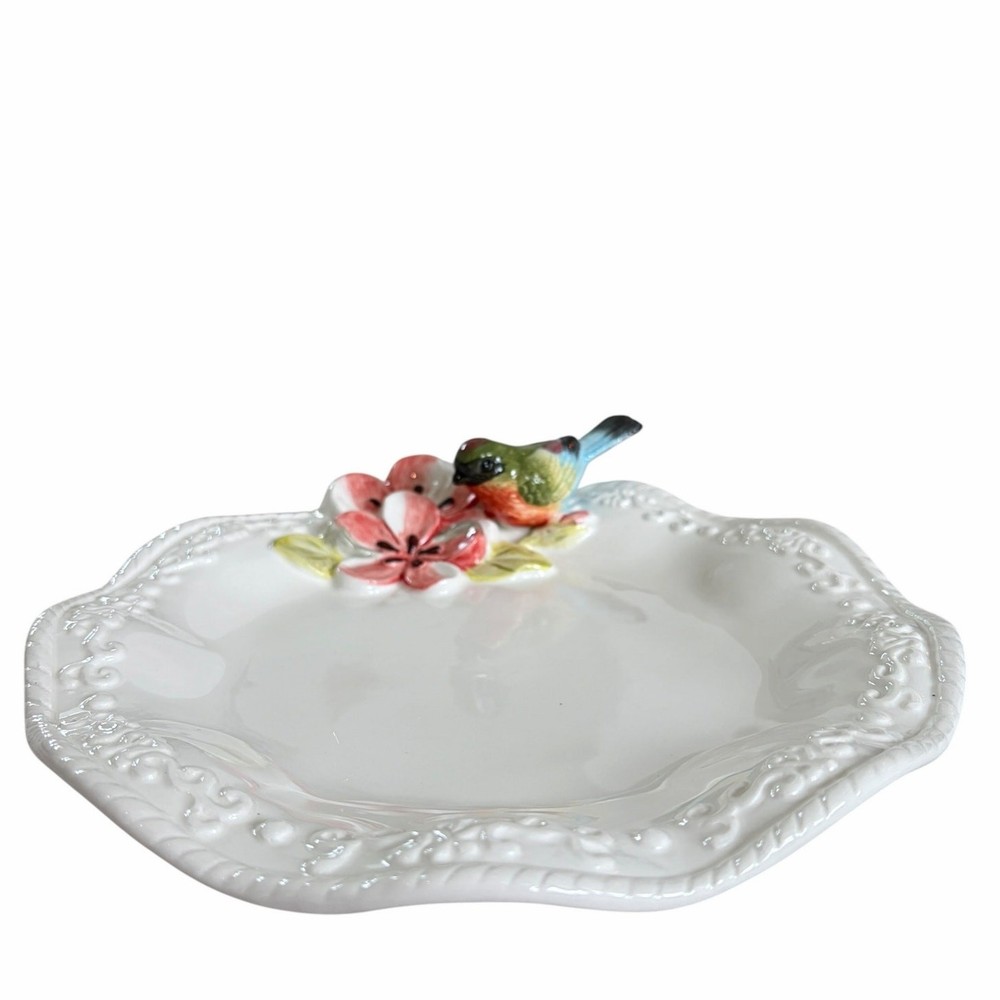 Corner Ruby Botanical Collection 3D Floral Bird Ceramic Catchall Dish 9in New