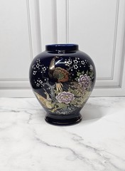 Vintage Japanese Cobalt Blue Vase With Peacock & Floral Design 6 Inches High