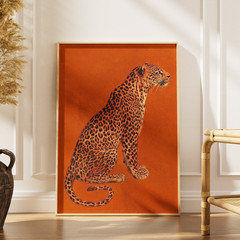 Leopard Art Poster Vintage Wild Cat Print Orange Safari Wall Decor