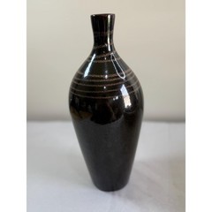 Mid Century Modern Black Glazed Studio Pottery Vase Gold Stripe Detail Bottle