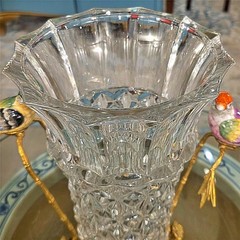 Elegant Crystal Vase. Bronze Base, Branches. Hand Painted Porcelain Birds (13″H)
