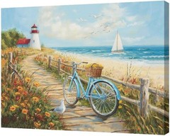Vibrant Coastal Wall Decor: Framed Beach Bicycle and Lighthouse Canvas, 20”x16”