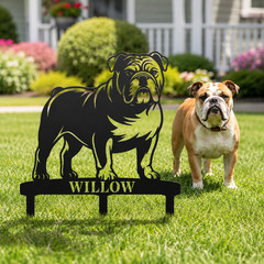 Personalized English Bulldog Garden Metal Sign With Stakes. Dog Lover Name Gift