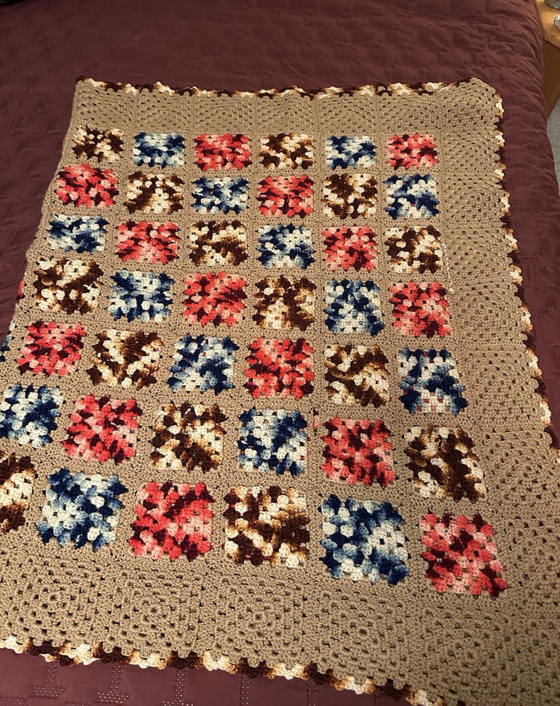 Handmade Crochet Granny Square Afghan Throw, Beige Bordered Multicolor 64”x70”