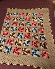 Handmade Crochet Granny Square Afghan Throw, Beige Bordered Multicolor 64”x70”