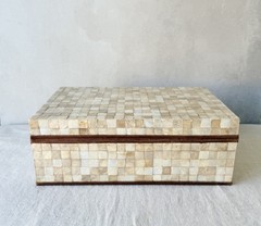Vintage Palecek Tesselated Capiz Shell Mosaic Tile Large Keepsake Box Suede 11×7