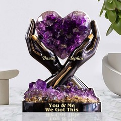 Personalized Amethyst Heart Acrylic Block Hands Holding Crystal Couple Gift Deco