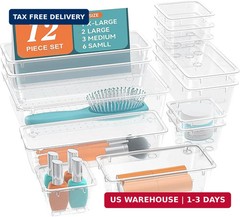 12PCS Drawer Organizer Set Clear Storage Trays Makeup Office Bathroom