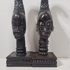A Pair Vtg MCM African Hand Carved Ebony Tribal Head Wood Sculptures Man&woman?