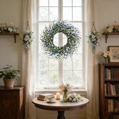 Idyllic 22 Inch Artificial Blue Forsythia Floral Wreath for Front Door, Windo…