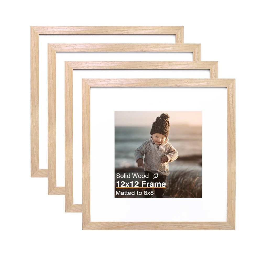12×12 Picture Frames, 4 Pack Natural Solid Wood Square Frames for Art, 8×8 Ma…