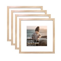 12×12 Picture Frames, 4 Pack Natural Solid Wood Square Frames for Art, 8×8 Ma…