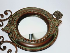 Metal Baroque Style Round Wall Mirror Green Patina Ornate Regency 18” Long