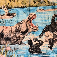 Vintage Velvet Wall Tapestry African Safari Hippo River Scene Large 48×73