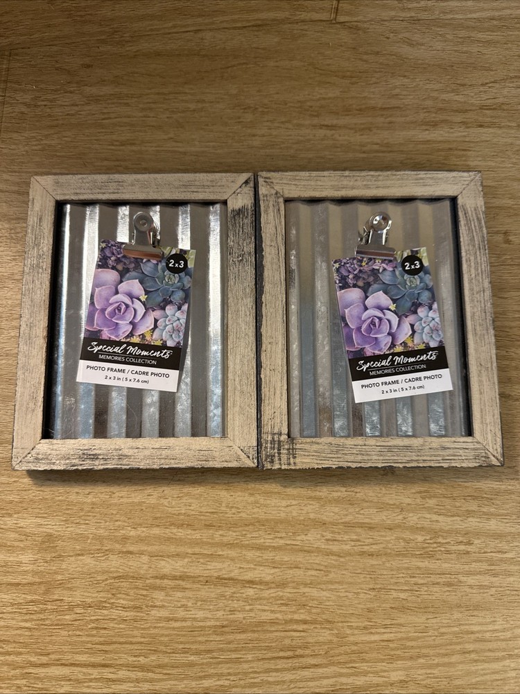 2 Farmhouse Style 6″ Picture Frames 2” X 3” Photo Wood Tin Metal Clip Rustic