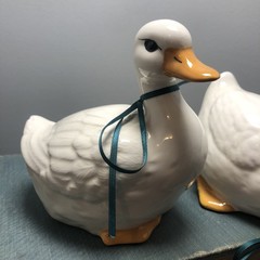 Vintage Cottage Core White Ceramic Goose Duck Home Decor Shelf Sitter Set/2