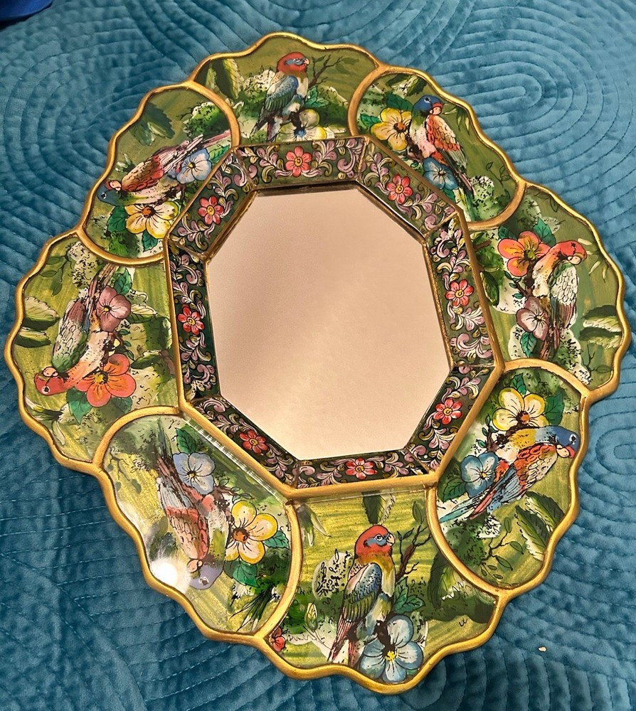 Gorgeous Handmade Latinex Peru Mirror W Bright MULTI Colors & Parakeets – RARE