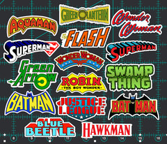 15 Classic DC Comic Logo Stickers -Clear, Holographic, or White-Batman Superman
