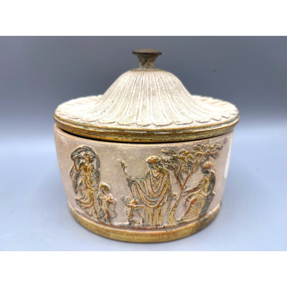 Vtg Borghese Classical Relief Ceramic Trinket Box Greek Roman Scene Cream Gold