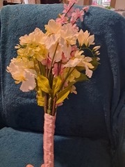 Lovely Handmade Faux Peony Floral Arrangementwith Pink Satin Ribbon