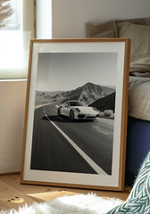 Black & White Porsche Driving Through Desert Mountains Print, Vintage Car Decor