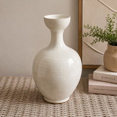 Vintage White Glazed Stoneware Bottle Vase Handmade Asian Style 12″ Heavy 4.5 Lb
